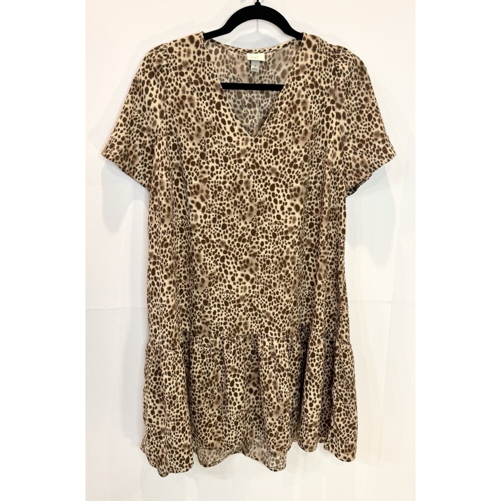 Womens A New Day Size S Leopard Cheetah Print Swing Dress V Neck Ruffle Hem